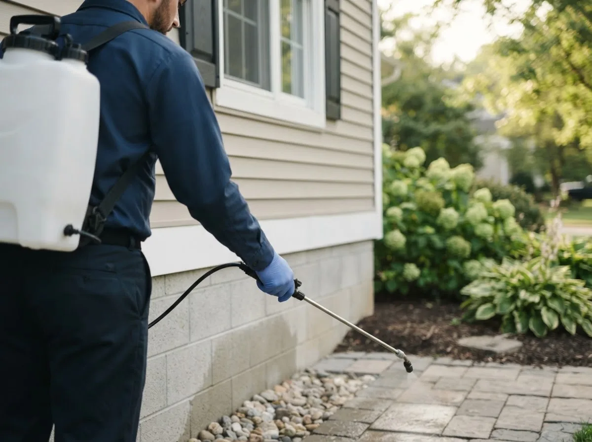 Pest control technician inspecting a home in Sigel, IL